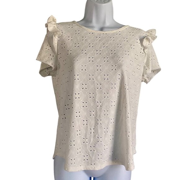 Ava James White Short Sleeve Eyelet Top Ruffle Sleeves Medium NEW - Picture 2 of 9